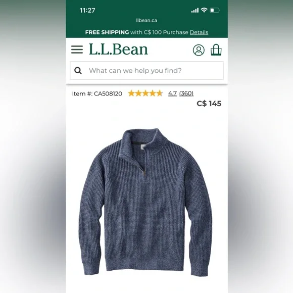 L.L. Bean Men's Organic Cotton Waffle Sweater,
Quarter Zip - Picture 4 of 6